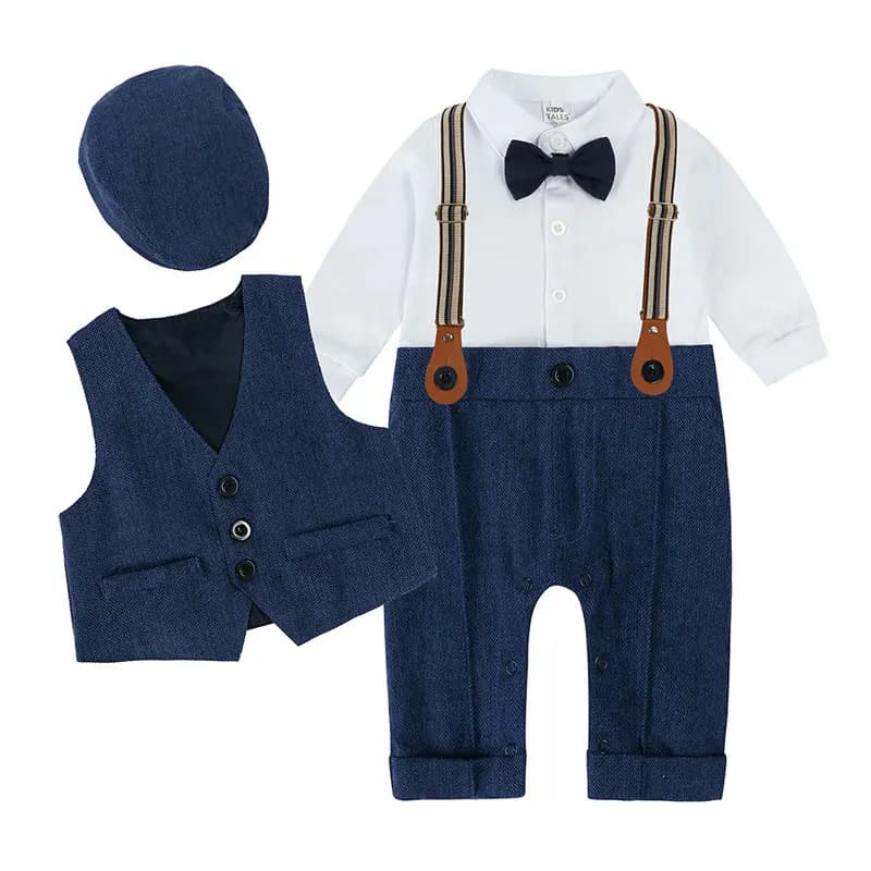 Vêtements de Style anglais pour bébé garçon, en coton, à manches longues, haut et bas, chapeau, gile