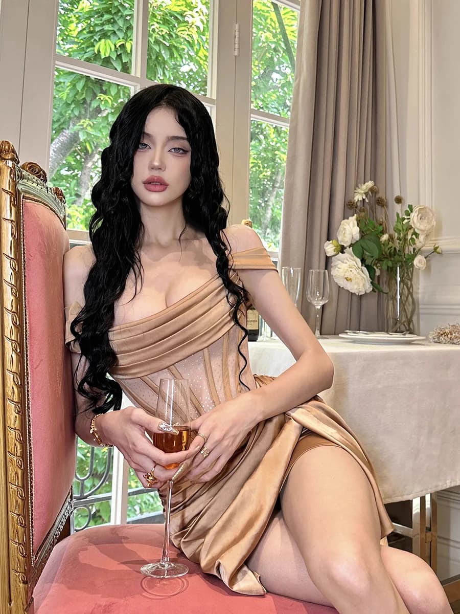 REDDACHIC-Mini robe corset en satin doré pour femme, robe transparente, patchwork en arête de poisso