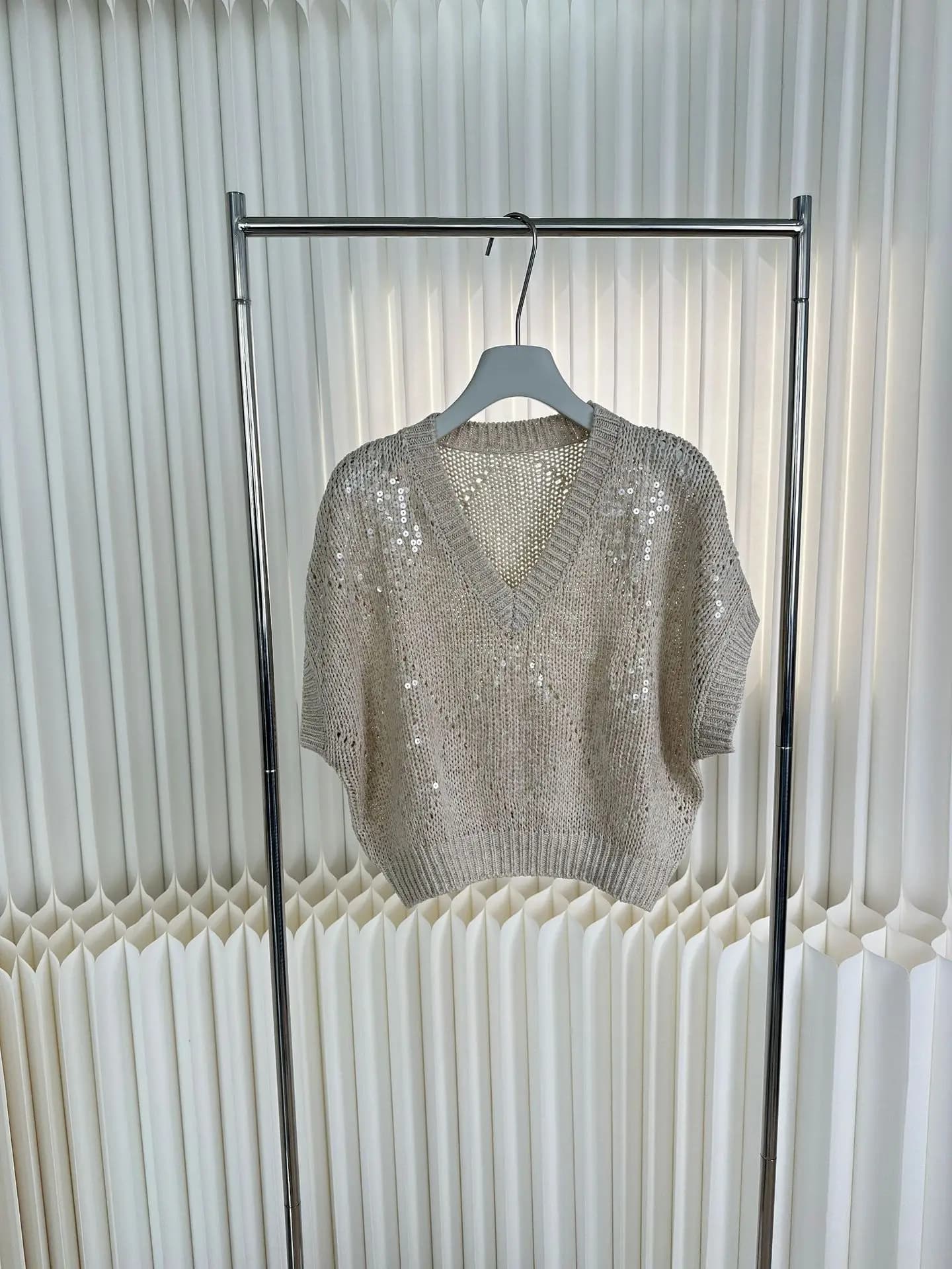 Pull tricoté léger de luxe pour femmes, grille de diamant creuse, paillettes brodées, manches chauve