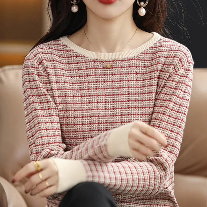 Pull doux à col rond pour femme, vêtement chaud, décontracté, à rayures contrastées, 100% coton, col
