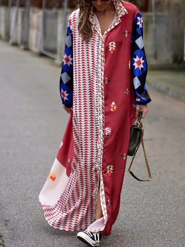 Robe longue décontractée à col rabattu pour femmes, patchwork, imprimé coloré, dame de bureau, robe 