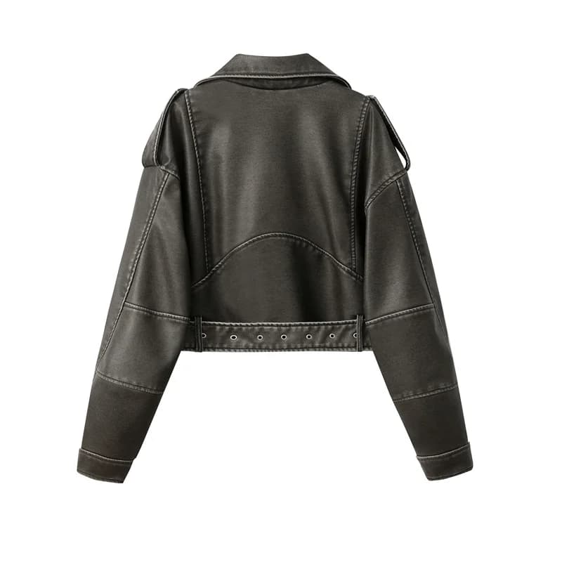 2025New Coal gray le Veste en cuir lavé pour femme avec ceinture, manteau court avec fermeture éclai