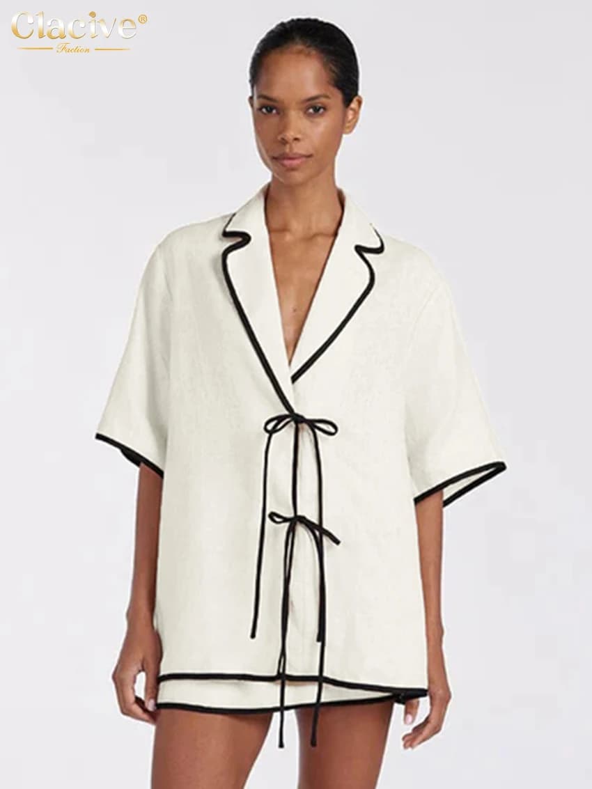 ClacMarkets-Ensemble 2 pièces en coton beige pour femme, chemise à manches mi-longues, mini jupe tai