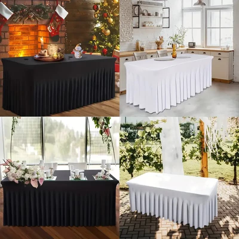 6 pieds, jupes de table rectangulaires, couvertures de table ajustées en polyester, nappe noire pour
