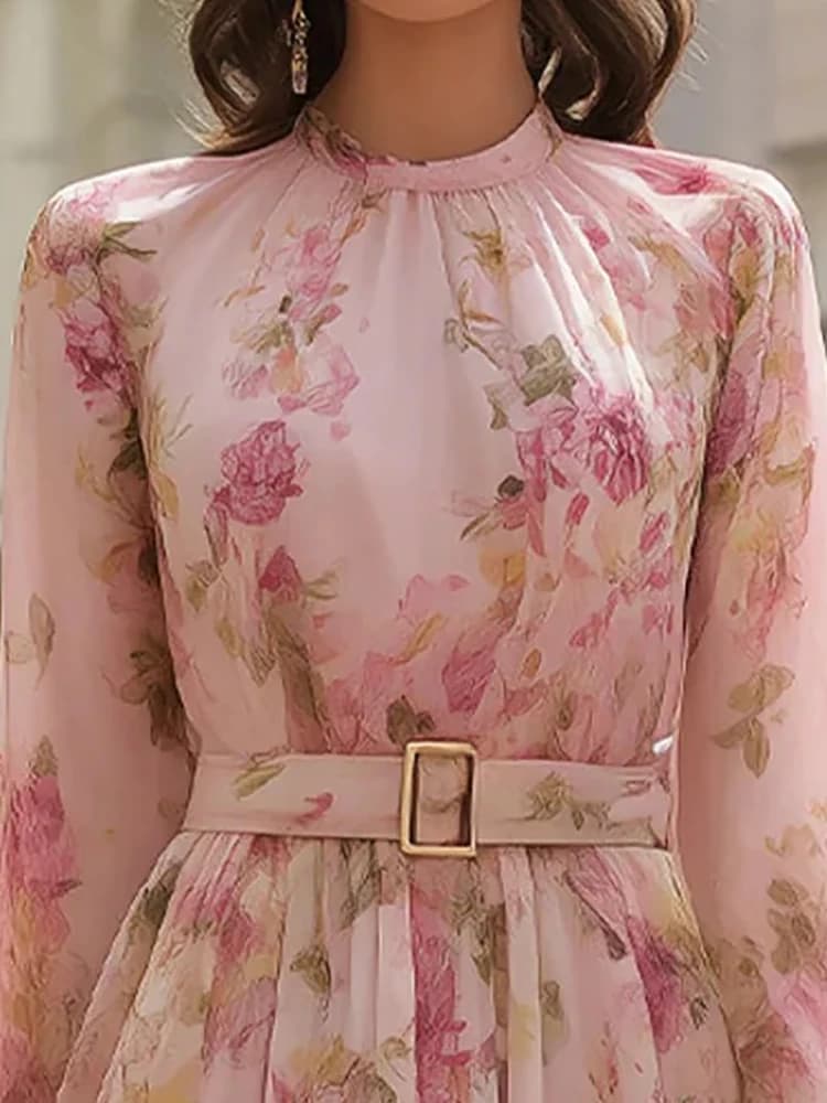 Robe longue chic à imprimé patchwork pour femme, manches bouffantes, col rond, idéale pour les fêtes
