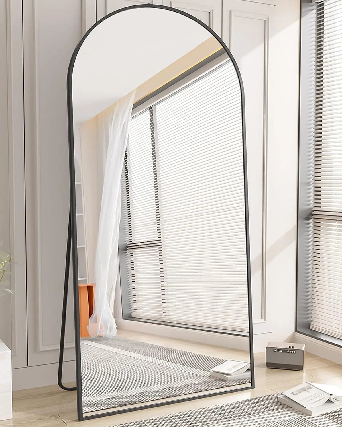 Miroir pleine longueur arqué, grand miroir de sol avec cadre en alliage d'aluminium, miroir sur pied
