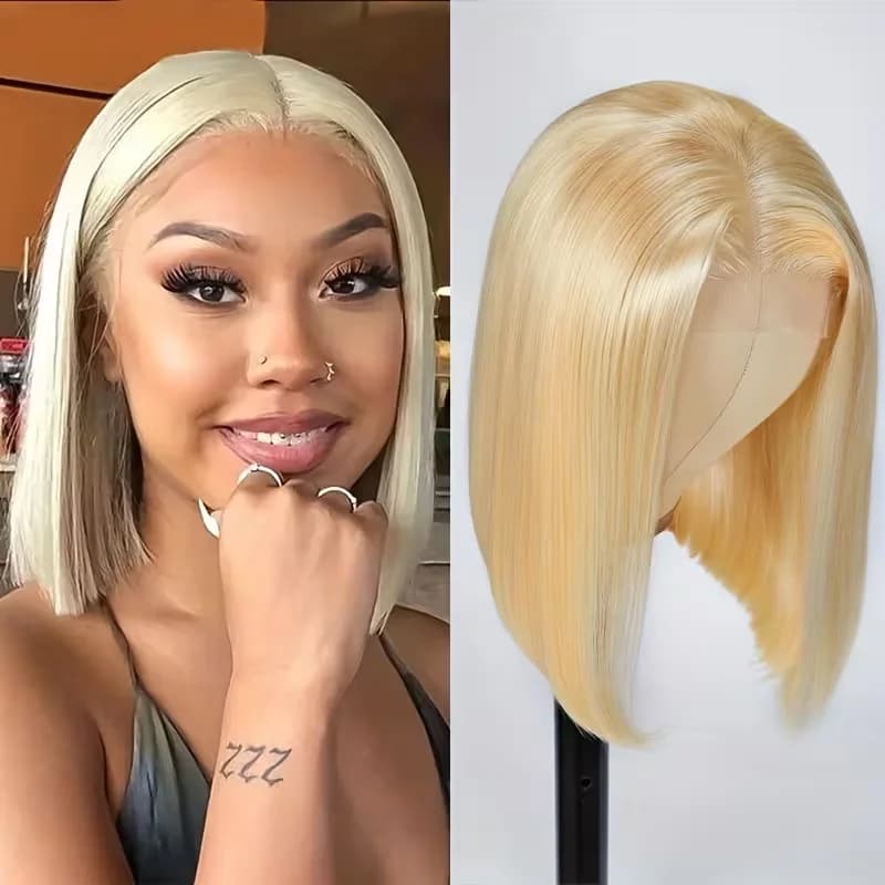 Perruques Courtes Blondes 613 Bob de 8 à 14 Pouces en Cheveux Humains avec Dentelle Frontale pour Fe