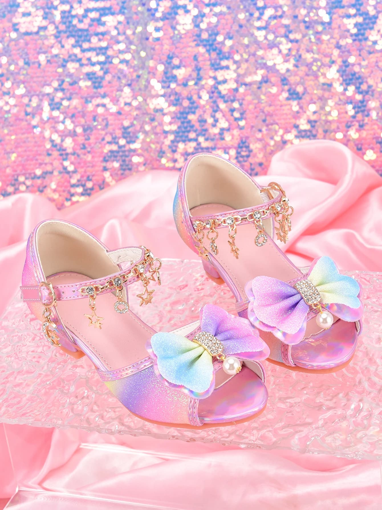 Chaussures à talons hauts à paillettes arc-en-ciel pour filles, sandales de fête pour spectacle de d