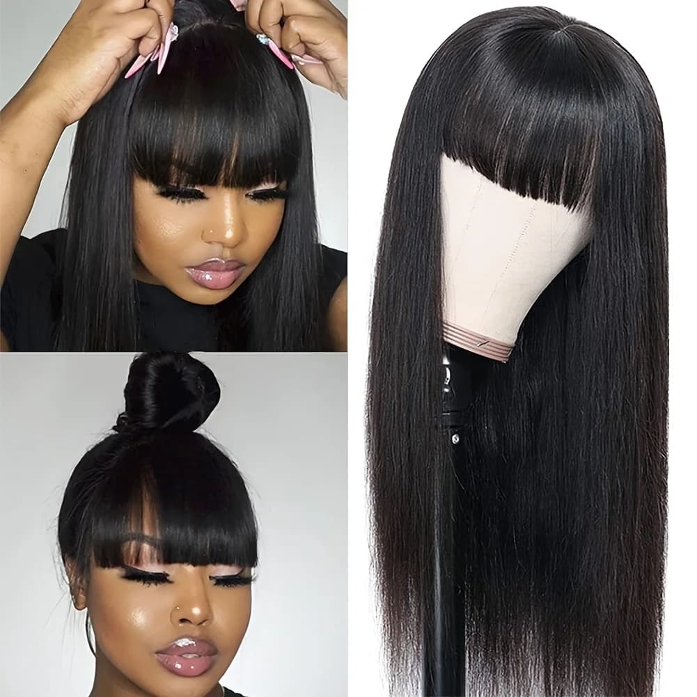 Perruques Dialola en cheveux humains avec frange, raie centrale 3x1, perruques lisses abordables pou