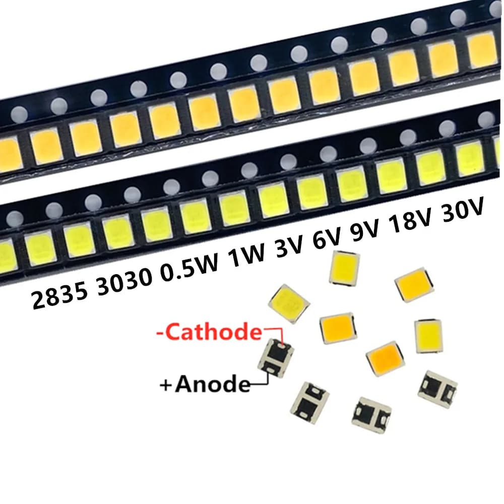 100 pièces SMD LED 2835 puce 0.5W 1W 3V 6V 9V 18V 36V 140LM 4000K perles blanches lumière blanche ch