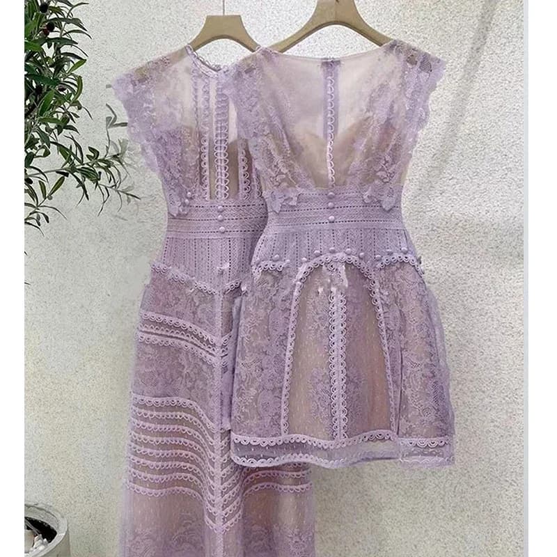 Robe de Luxe en Dentelle Violette pour Femme, Tenue Vintage Brodée de Fleurs, Col Rond, Élégante, Ta