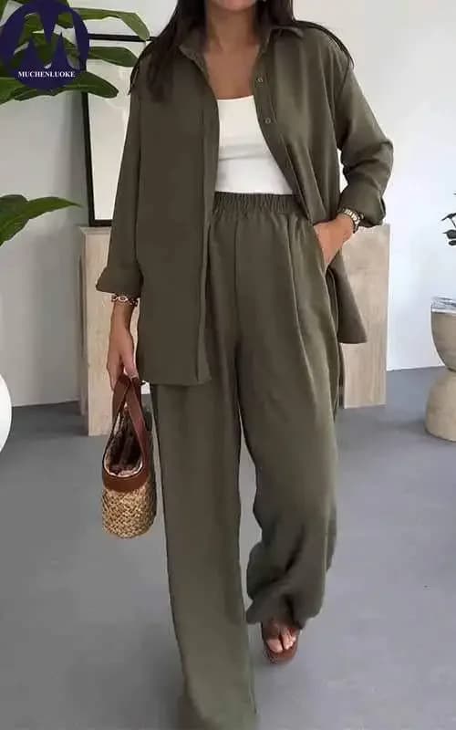 Ensemble 2 pièces d'été pour femme : Chemise à revers à manches longues et pantalon décontracté à ja
