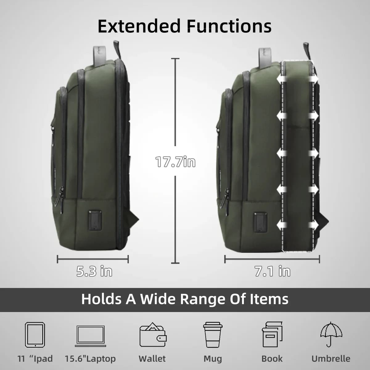 HK – sac à dos d'affaires extensible pour hommes, léger, pour ordinateur portable de 15.6 pouces, av
