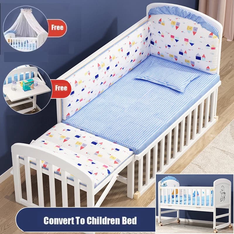 CPull en Bois avec Moustiquaire et Table à Couches pour Bébé, Ensemble de Literie pour Lit d'Enfant,