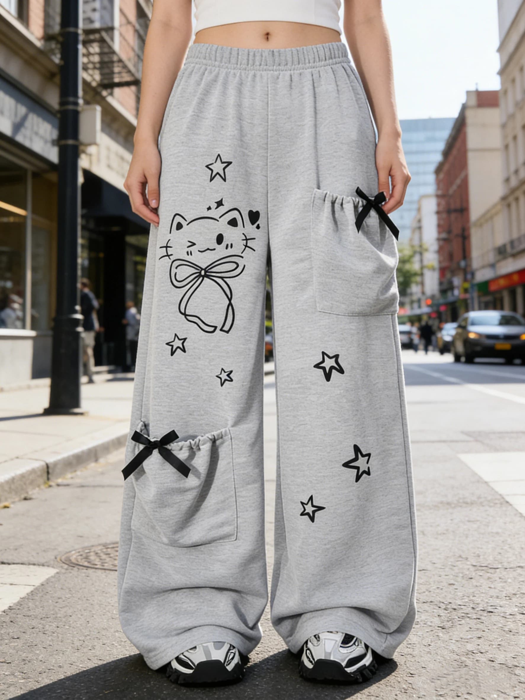 Pantalons décontractés à la mode pour filles, pantalons amples à jambes droites avec un design de po