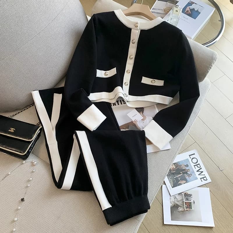 Cardigan à manches longues et pantalon à jambes larges pour femme, pull fendu, ensemble deux pièces,