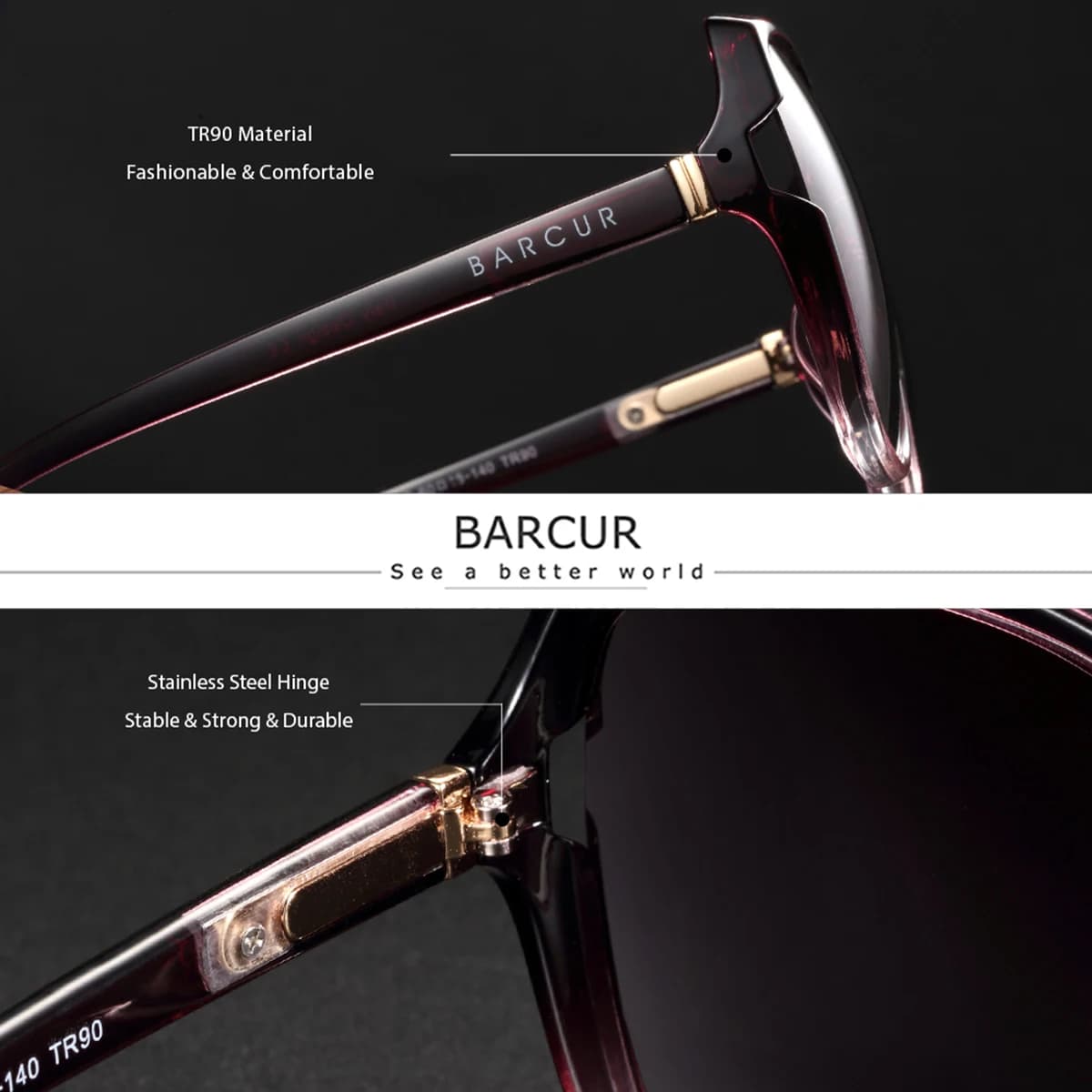 BARCUR-Lunettes de soleil polarisées pour femme, monture PC surdimensionnée, verres dégradés, access