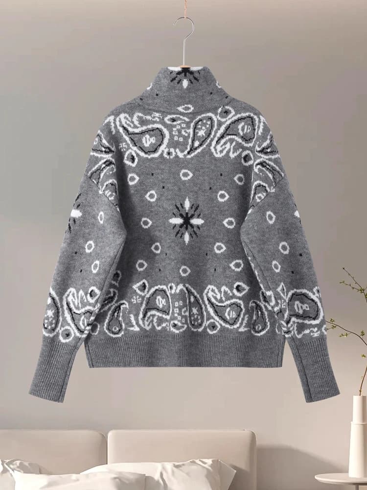 Cardigan Vintage en tricot Jacquard à col montant pour femme, fermeture éclair, manches longues, poc