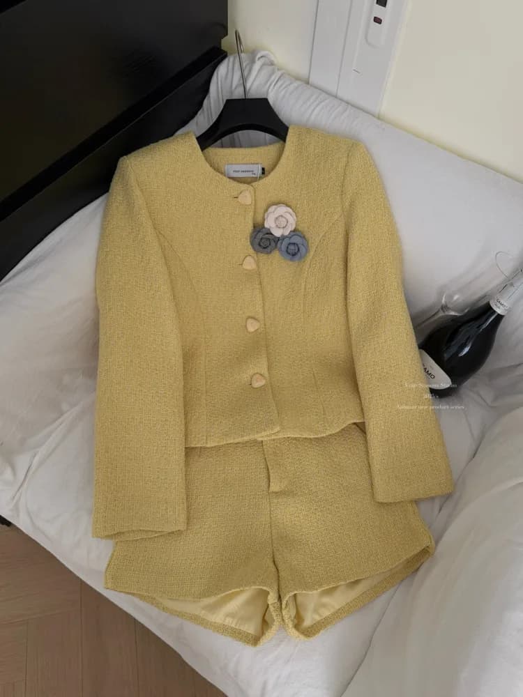 Haut de gamme élégant femme Tweed veste manteau + taille haute Shorts ensemble femmes français mince