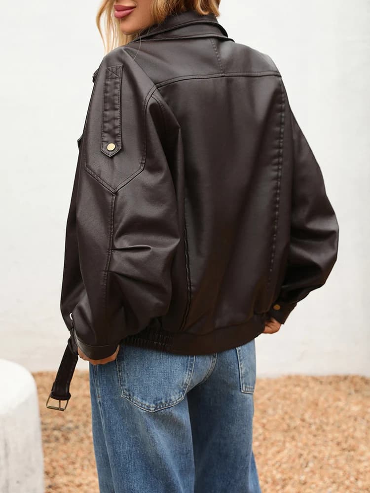 Ailegogo nouveau printemps automne femmes Streetwear rétro ample veste en simili cuir Moto Biker fem