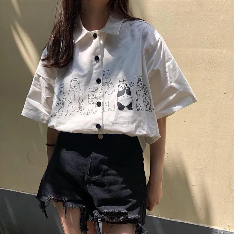 Chemise à Manches Courtes pour Femme, Streetwear, Imprimé de Dessin Animé, Mode Coréenne, Blanc, Été