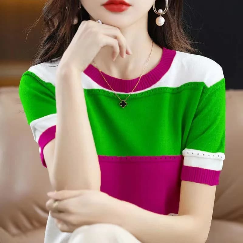 Nouveau T-shirt en soie glacée été 2026, haut rayé à manches courtes pour femme, col rond, couleurs 