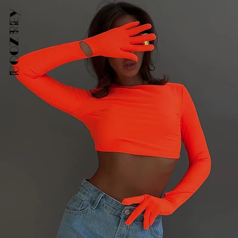 BoozRey Y2K couleur unie mince haut col rond t-shirt femmes mode d'été Sexy manches longues avec gan