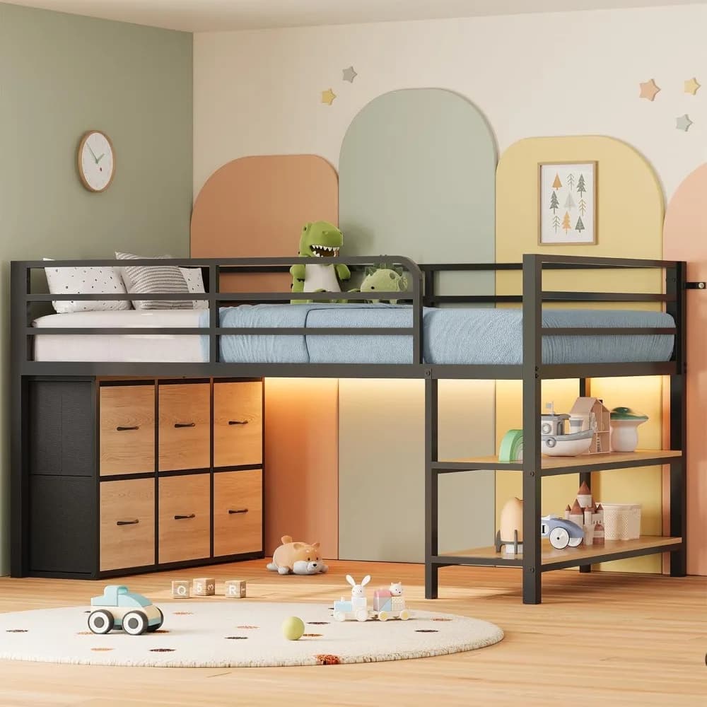ADORNEVE Lit mezzanine bas avec 6 tiroirs de rangement, lit mezzanine double avec lumières LED, lit 