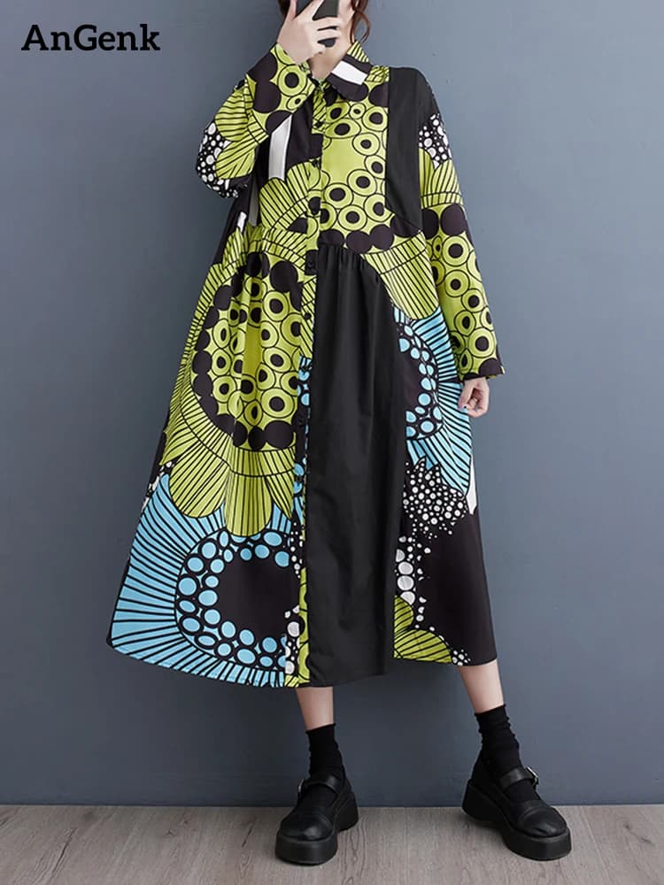 Robes chemises à manches longues à imprimé vintage pour femmes, nouvelle robe midi décontractée ampl