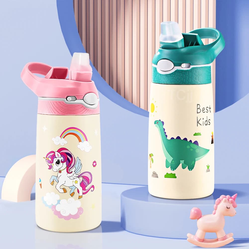 Bouteille d'eau thermique en acier inoxydable pour enfants, tasse thermos de dessin animé mignon ave