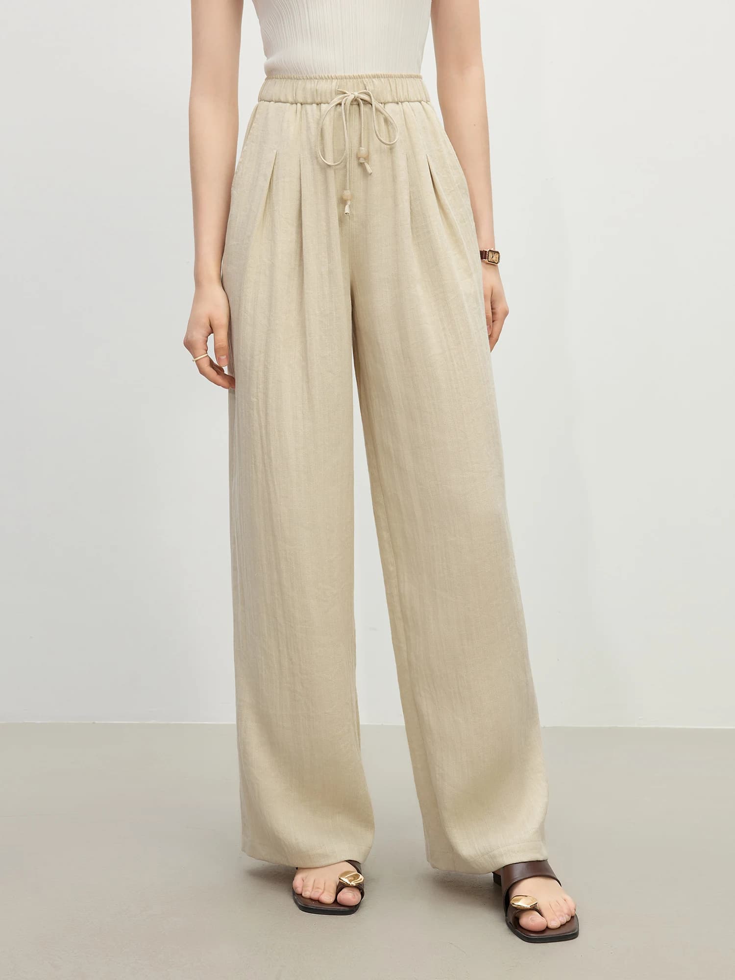 FSLE minimalisme Style lin droit élastique taille haute pantalons décontractés pour les femmes été 2