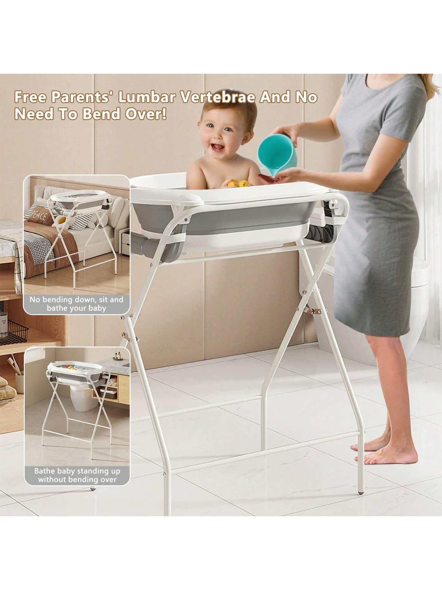 Baignoire pour bébé avec support (pliable) – Thermomètre, coussin ergonomique, oreiller de bain faci