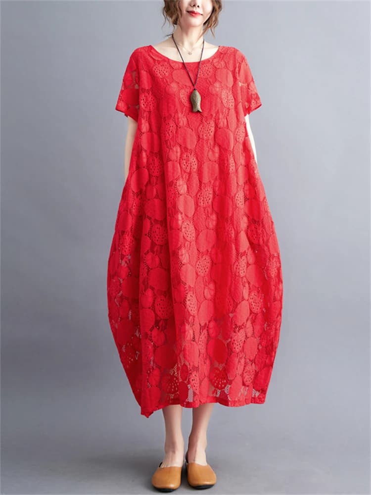 Robes d'été vintage à manches courtes et col rond en dentelle pour femmes 2026 – Nouvelle collection