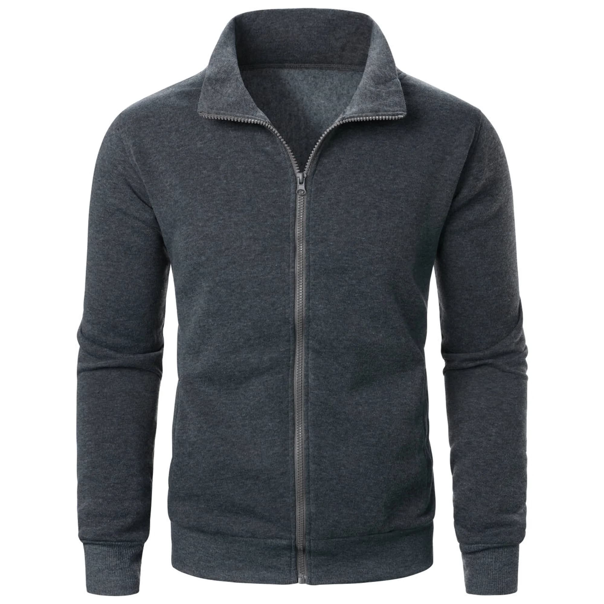 Veste de sport décontractée à col montant avec fermeture éclair pour hommes, haut de couleur unie po
