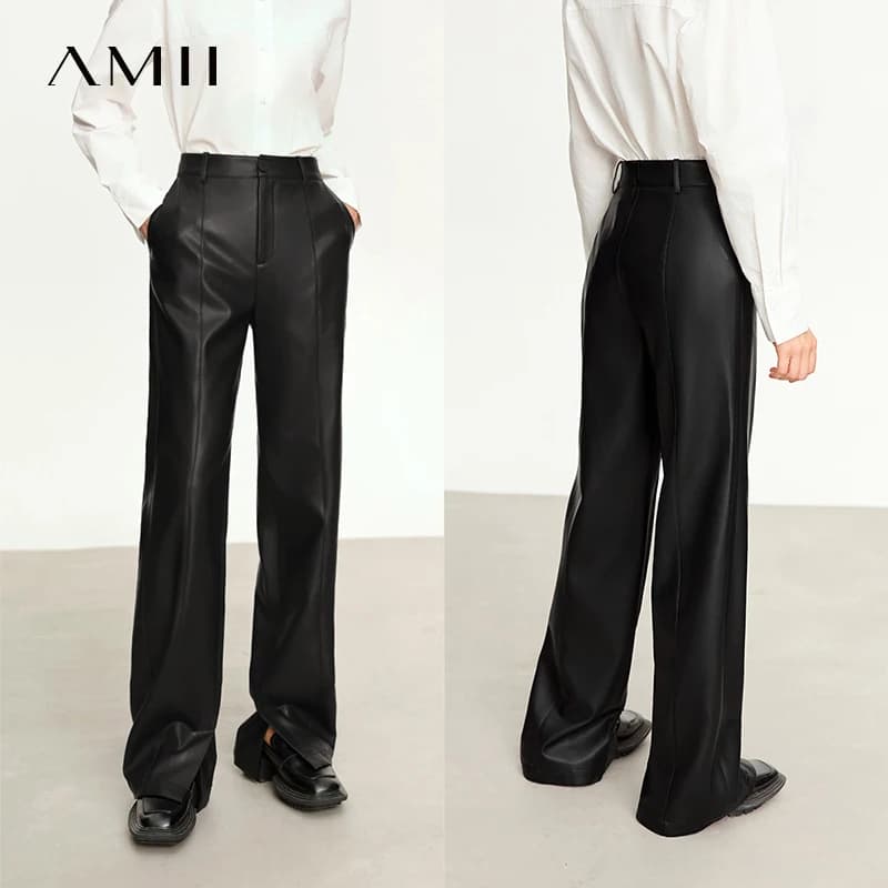 AMII minimaliste en cuir PU pantalons décontractés pour les femmes 2025 automne nouveau ample longue