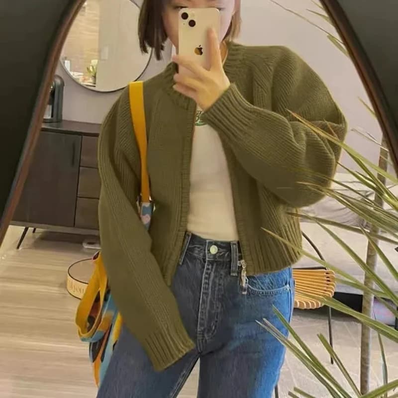 MEXZT-Cardigan Court et Solide pour Femme, Pull Court à Fermeture Éclair, Style Coréen, Vintage, Déc