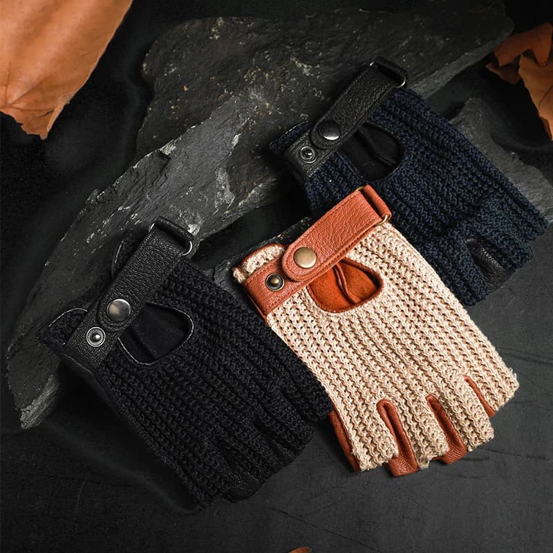 Gants de moto rétro en cuir sans doigts pour hommes, pour la conduite et l'équitation, tricotés et r