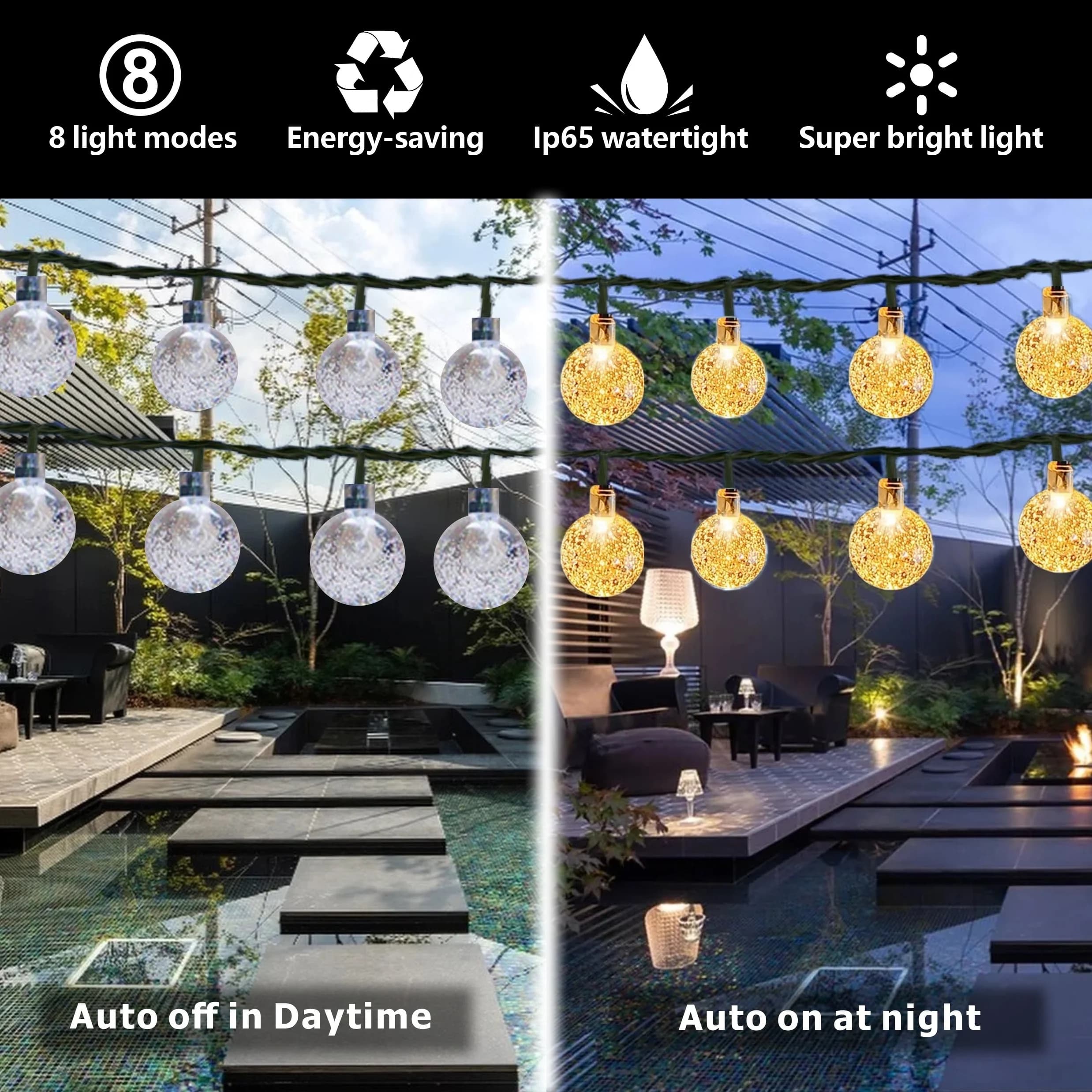 Guirlande solaire Globe en cristal IP65, 39 pieds, 100 LED, 8 Modes d'éclairage, lumières extérieure