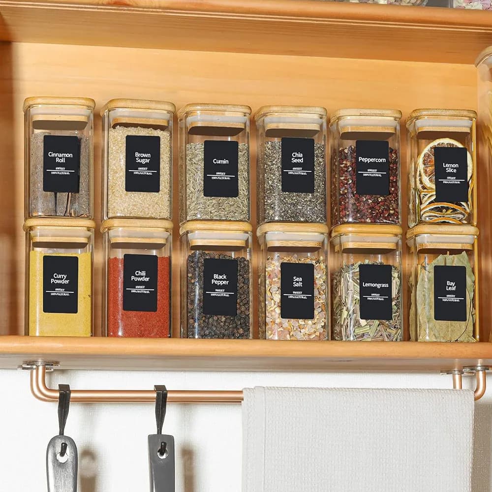 Bocaux à épices en verre avec couvercle en bambou, contenants carrés hermétiques de 8 oz avec étique