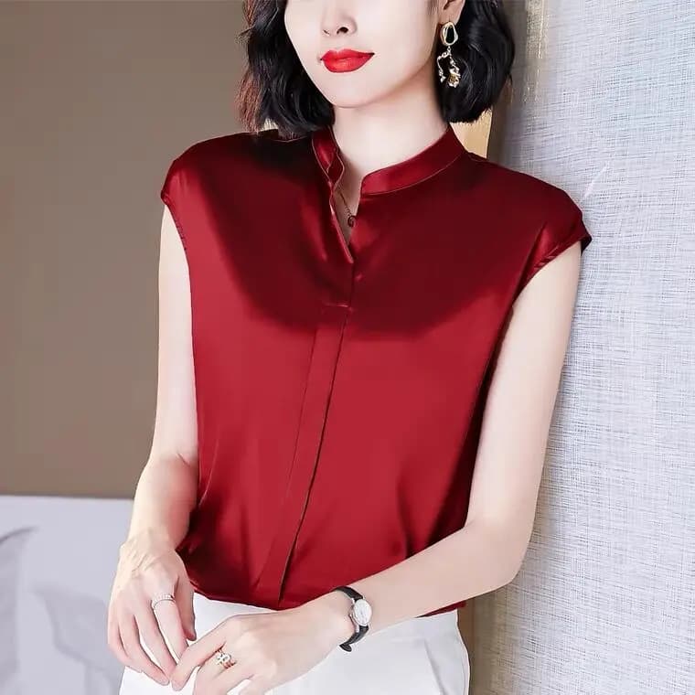 Chemise en satin grande taille pour femmes, col en V, couleur unie, élégante, tenue de bureau, été