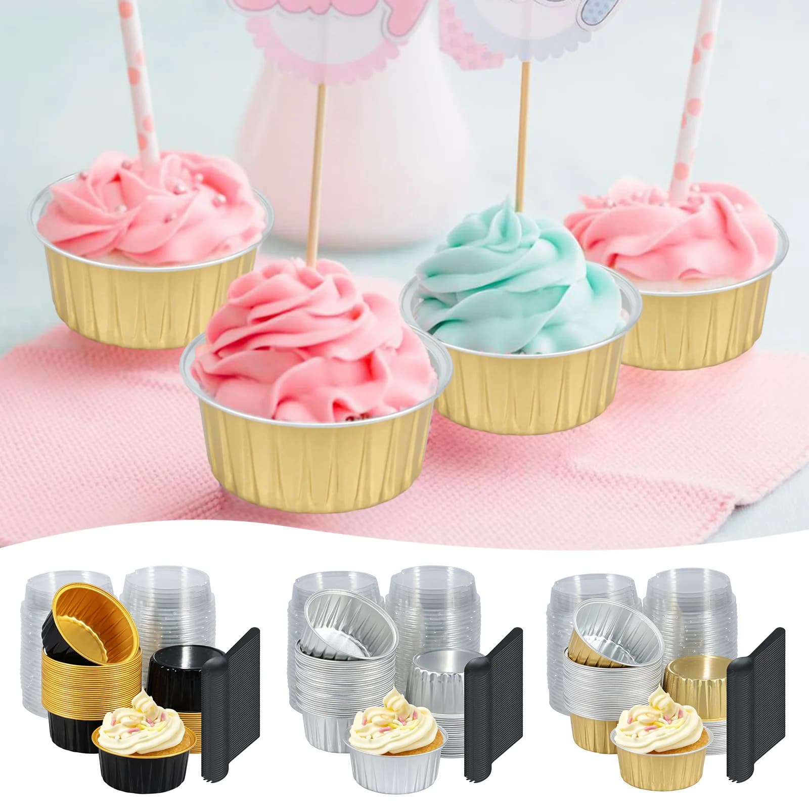 Mini tasses de cuisson en aluminium, 50 pièces, 5oz, moules à gâteaux avec couvercles, cuillères, do