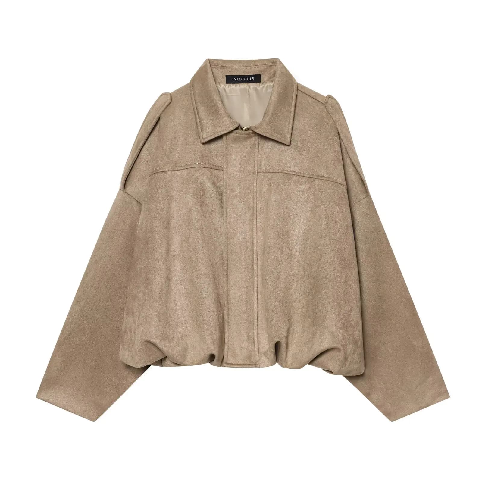 Veste en daim kaki pour femme, ample, décontractée, col rabattu, fermeture éclair, manteau épais, vê