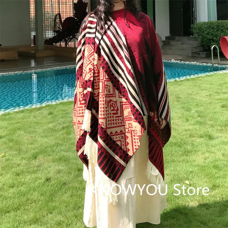 Poncho de voyage pour femmes, châle, Style ethnique, glands, Cape à capuche, Jacquard chaud d'hiver,
