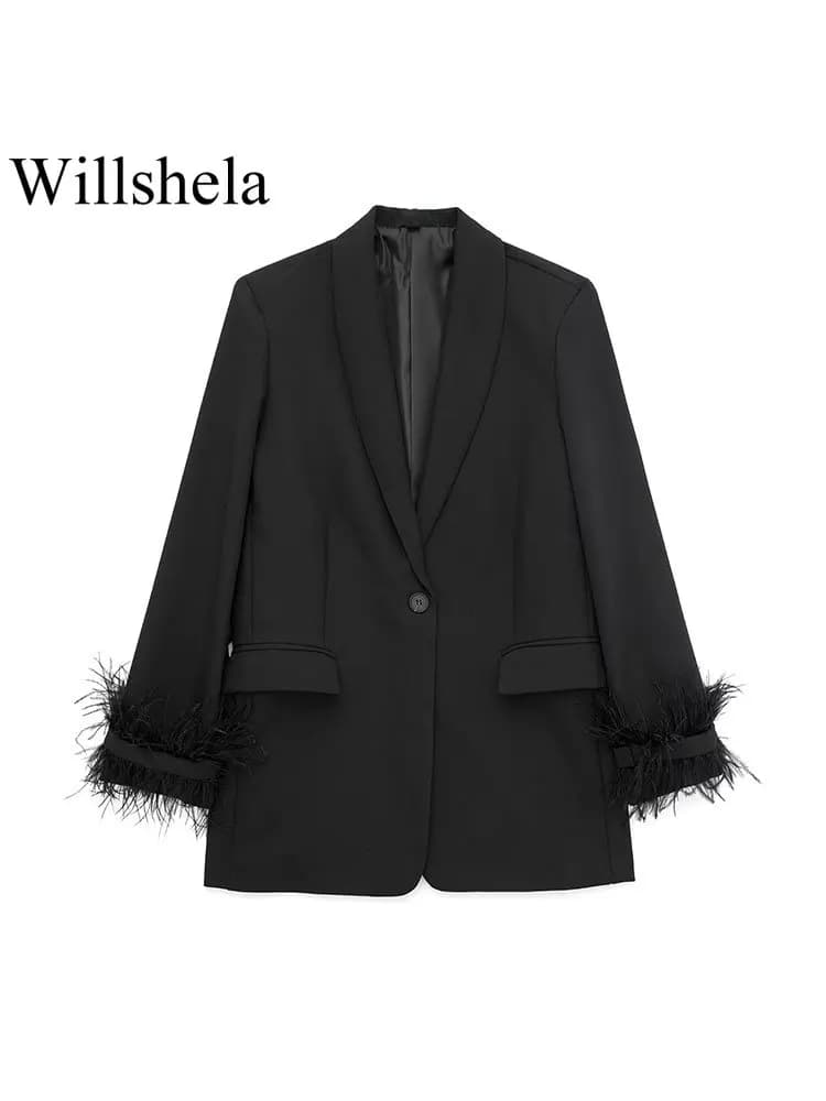 Willshela femmes mode Satin noir avec plume Blazer veste Vintage col cranté bouton unique manches lo