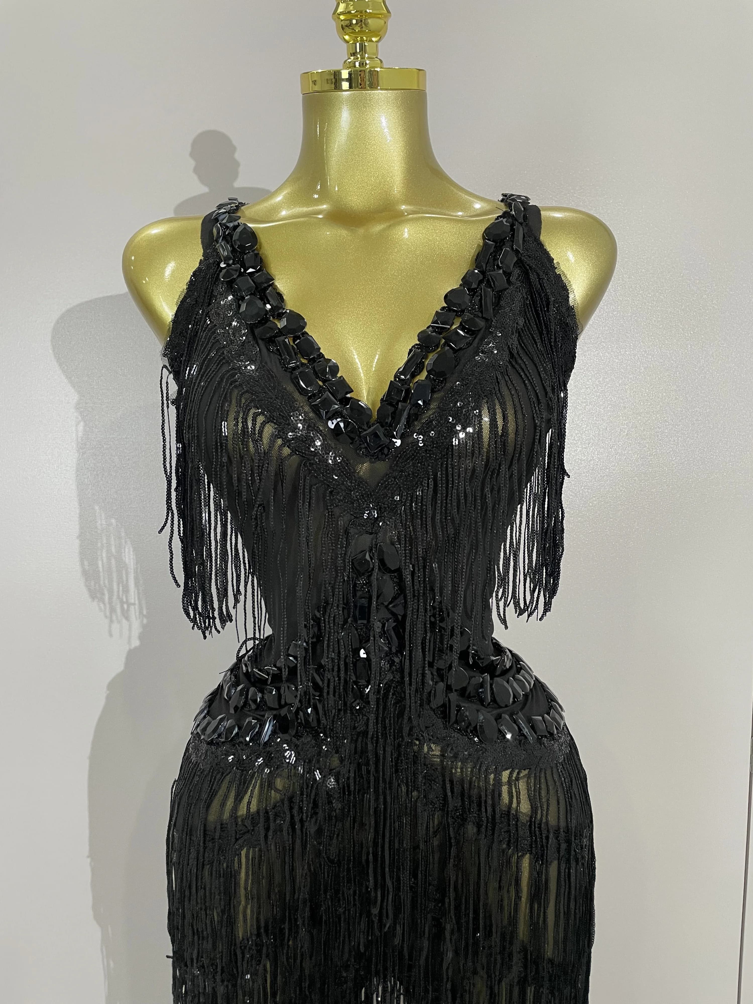 Combinaison à franges et paillettes pour femmes, strass noirs scintillants, tenue Sexy pour boîte de