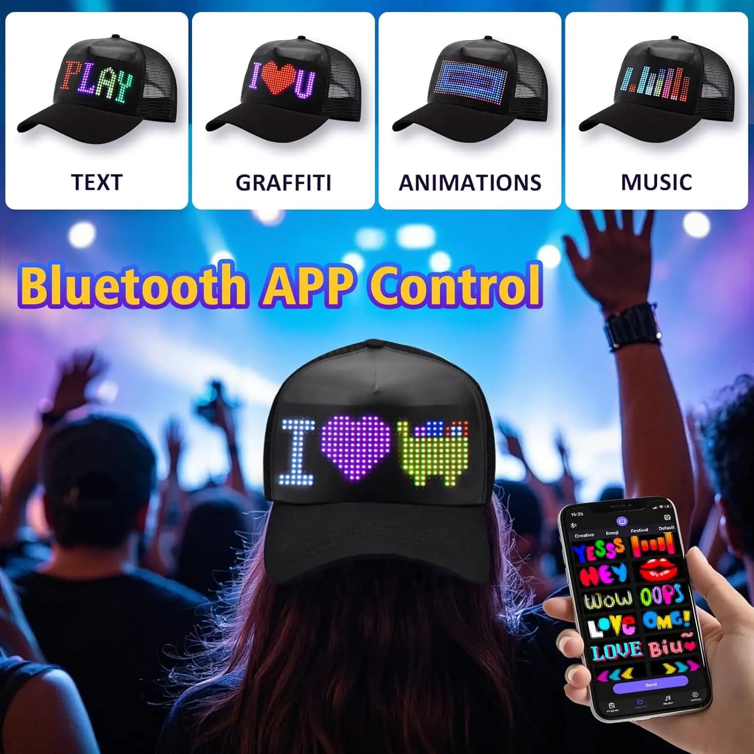 Casquette de baseball LED avec contrôle par application USB, Bluetooth, rechargeable, panneau d'affi
