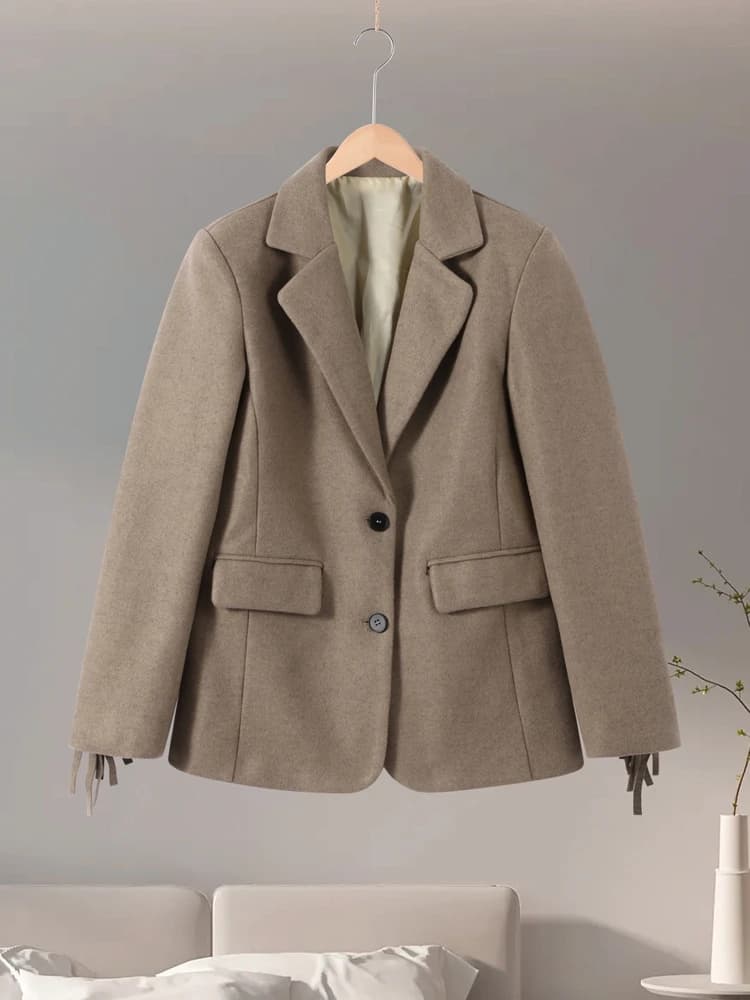 Blazer de bureau pour femme à franges, mode printemps 2026, coupe ajustée, simple boutonnage, manche