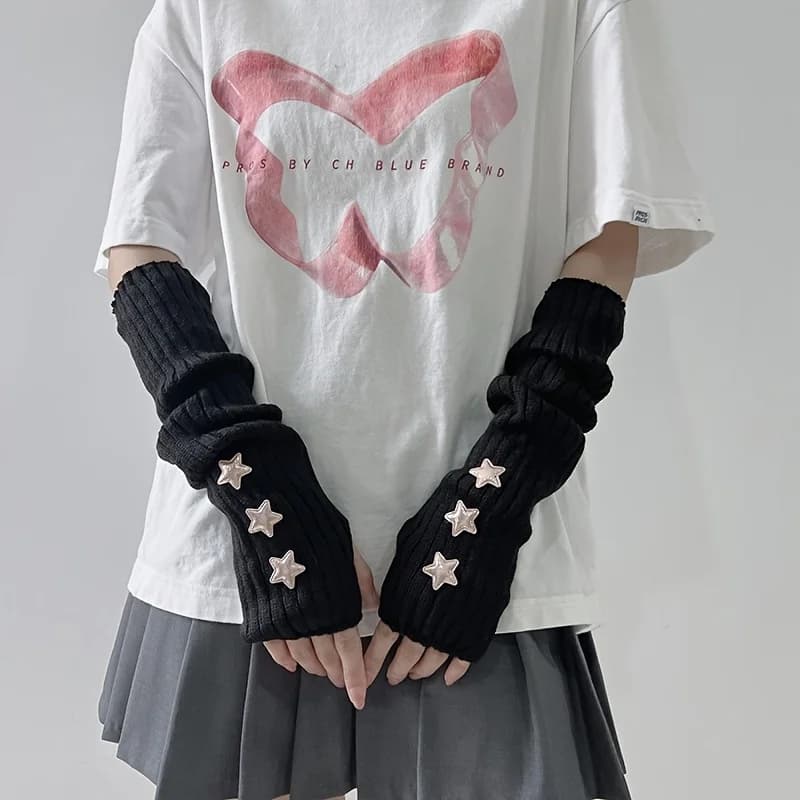 1 paire de gants sans doigts pour femmes, avec décoration d'étoiles, blanc/noir/rose, lavables en ma