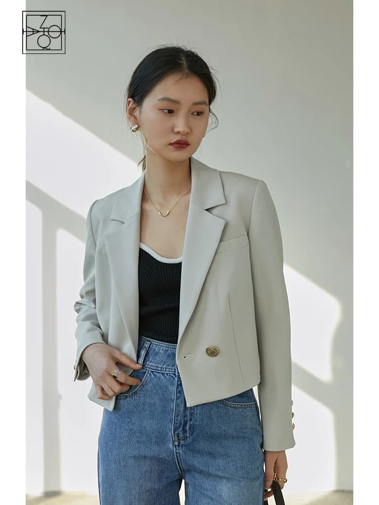 Ziqiao-blazers courts à manches régulières pour femmes, col imbibé d'automne, vestes de printemps à 