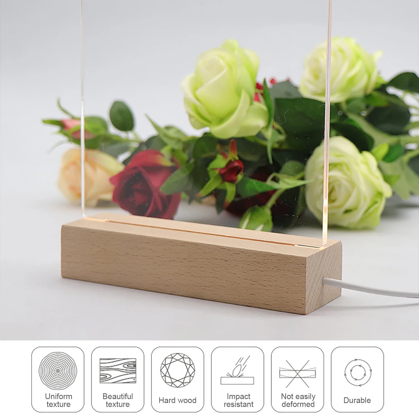 Présentoir lumineux LED en bois cristal, support de base 4.2, plaque lumineuse en acrylique, USB, lu